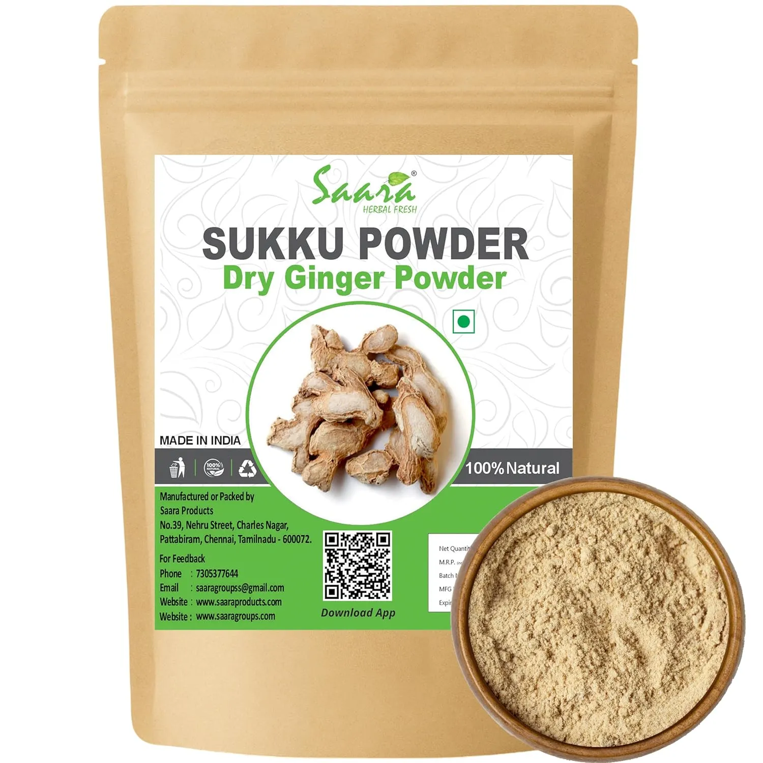 Saara HERBAL FRESH Sukku Powder,100g, Sonth, Chukku, Sunth, Dry Ginger Powder